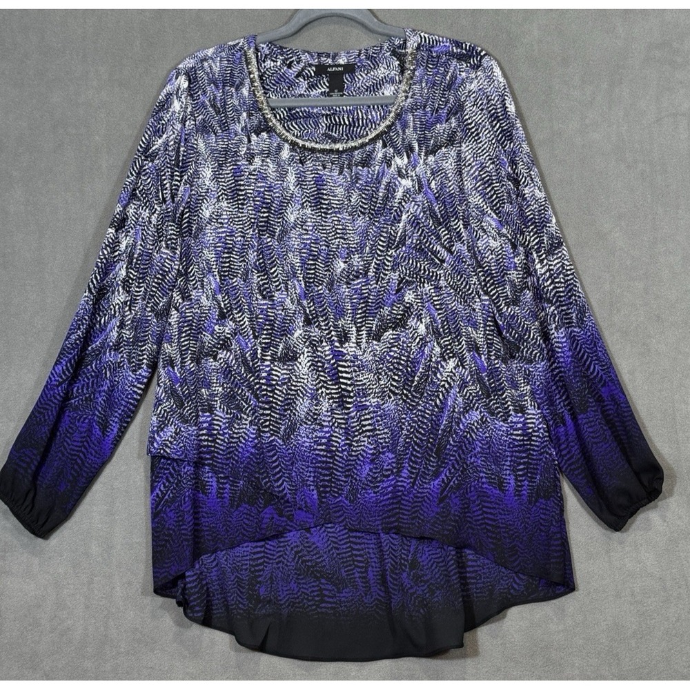 Alfani Womens Purple Ombre Feather Print Beaded Neck Blouse High Low Top Size 12